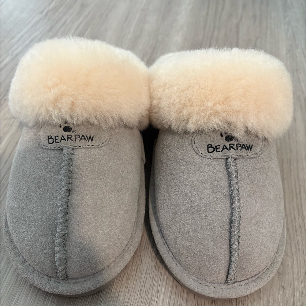 BearPaw Light Gray Suede Shearling Cuff Slip-On Slippers